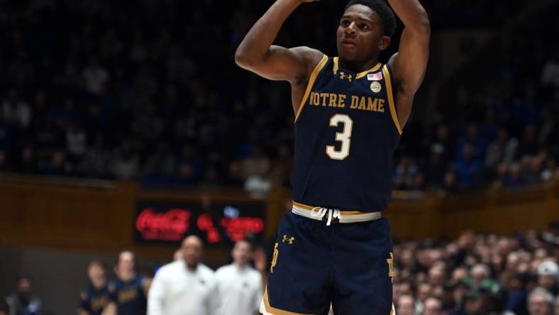 Feb 7, 2024; Durham, North Carolina, USA; Notre Dame Fighting Irish guard Markus Burton (3) shoots during the first half against the Duke Blue Devils at Cameron Indoor Stadium. Mandatory Credit: Rob Kinnan-USA TODAY Sports