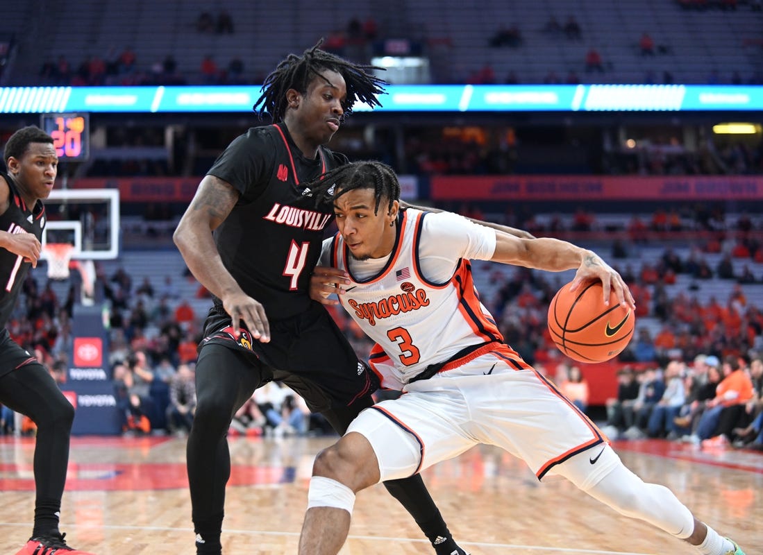 Feb 7, 2024; Syracuse, New York, USA; Syracuse Orange guard Judah Mintz (3) posts up against Louisville Cardinals guard Ty-Laur Johnson (4) in the second half at the JMA Wireless Dome. Mandatory Credit: Mark Konezny-USA TODAY Sports