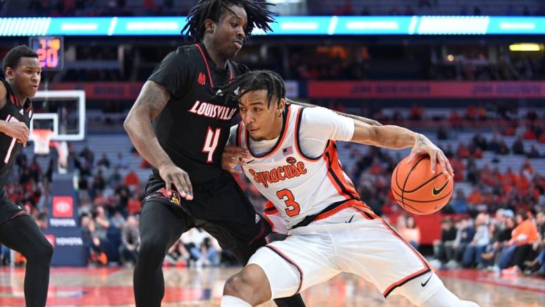 Feb 7, 2024; Syracuse, New York, USA; Syracuse Orange guard Judah Mintz (3) posts up against Louisville Cardinals guard Ty-Laur Johnson (4) in the second half at the JMA Wireless Dome. Mandatory Credit: Mark Konezny-USA TODAY Sports