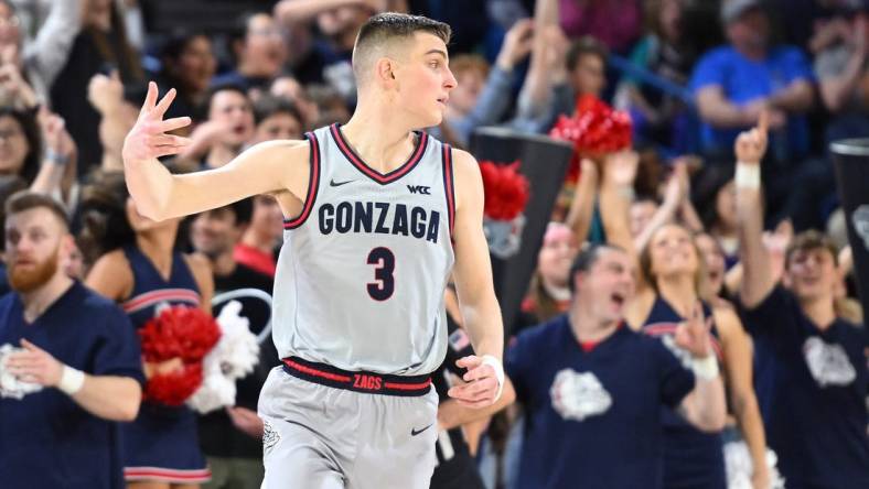 Feb 7, 2024; Spokane, Washington, USA; Gonzaga Bulldogs guard Luka Krajnovic (3) celebrates a three-pointer against the Portland Pilots in the second half at McCarthey Athletic Center. Gonzaga Bulldogs won 96-64. Mandatory Credit: James Snook-USA TODAY Sports