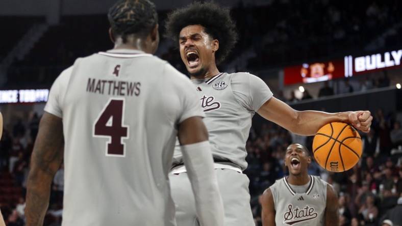 Feb 7, 2024; Starkville, Mississippi, USA; Mississippi State Bulldogs forward Tolu Smith (1) reacts after a dunk during the second half against the Georgia Bulldogs at Humphrey Coliseum. Mandatory Credit: Petre Thomas-USA TODAY Sports