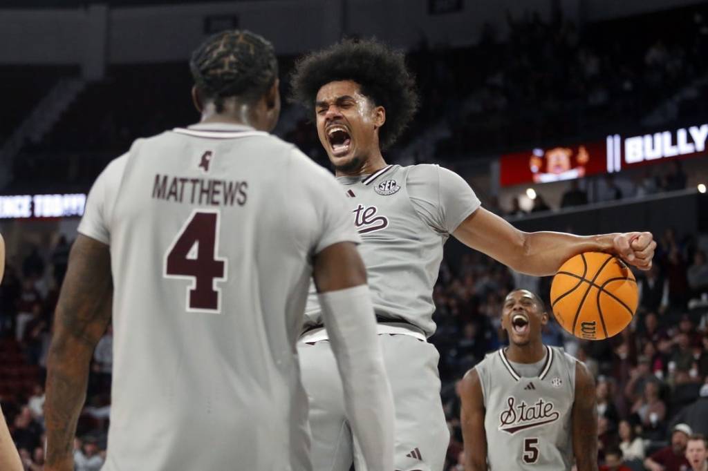 Feb 7, 2024; Starkville, Mississippi, USA; Mississippi State Bulldogs forward Tolu Smith (1) reacts after a dunk during the second half against the Georgia Bulldogs at Humphrey Coliseum. Mandatory Credit: Petre Thomas-USA TODAY Sports