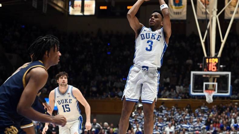 Feb 7, 2024; Durham, North Carolina, USA;  Duke Blue Devils guard Jeremy Roach (3) shoots during the second half against the Notre Dame Fighting Irish at Cameron Indoor Stadium. The  Blue Devils won 71-53.Mandatory Credit: Rob Kinnan-USA TODAY Sports