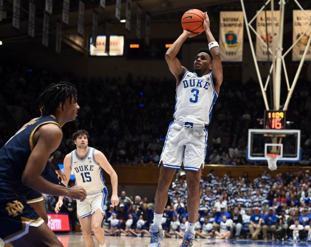 Feb 7, 2024; Durham, North Carolina, USA;  Duke Blue Devils guard Jeremy Roach (3) shoots during the second half against the Notre Dame Fighting Irish at Cameron Indoor Stadium. The  Blue Devils won 71-53.Mandatory Credit: Rob Kinnan-USA TODAY Sports