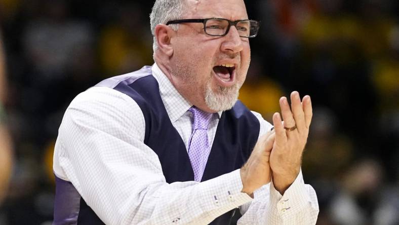 Feb 7, 2024; Columbia, Missouri, USA; Texas A&M Aggies head coach Buzz Williams reacts during the second half against the Missouri Tigers at Mizzou Arena. Mandatory Credit: Jay Biggerstaff-USA TODAY Sports