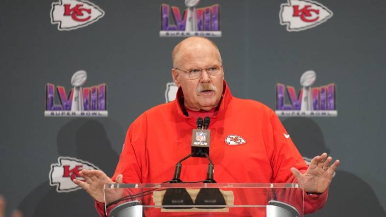 Feb 8, 2024; Las Vegas, NV, USA; Kansas City Chiefs head coach Andy Reid during a press conference before Super Bowl LVIII at Westin Lake Las Vegas Resort and Spa. Mandatory Credit: Kyle Terada-USA TODAY Sports