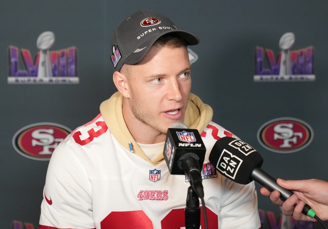 Feb 8, 2024; Las Vegas, NV, USA; San Francisco 49ers running back Christian McCaffrey (23) during a press conference before Super Bowl LVIII at Hilton Lake Las Vegas Resort and Spa. Mandatory Credit: Kyle Terada-USA TODAY Sports