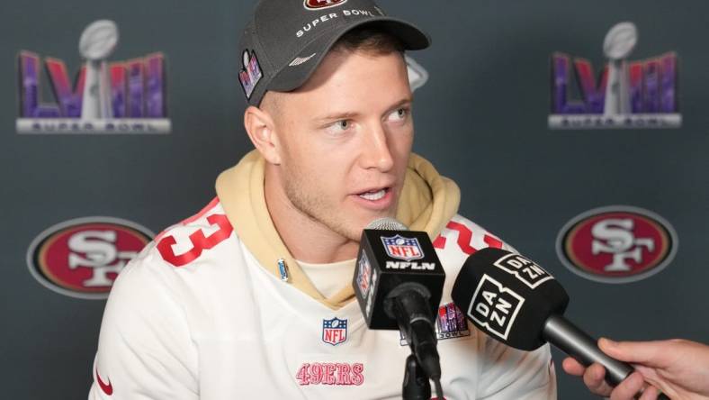 Feb 8, 2024; Las Vegas, NV, USA; San Francisco 49ers running back Christian McCaffrey (23) during a press conference before Super Bowl LVIII at Hilton Lake Las Vegas Resort and Spa. Mandatory Credit: Kyle Terada-USA TODAY Sports