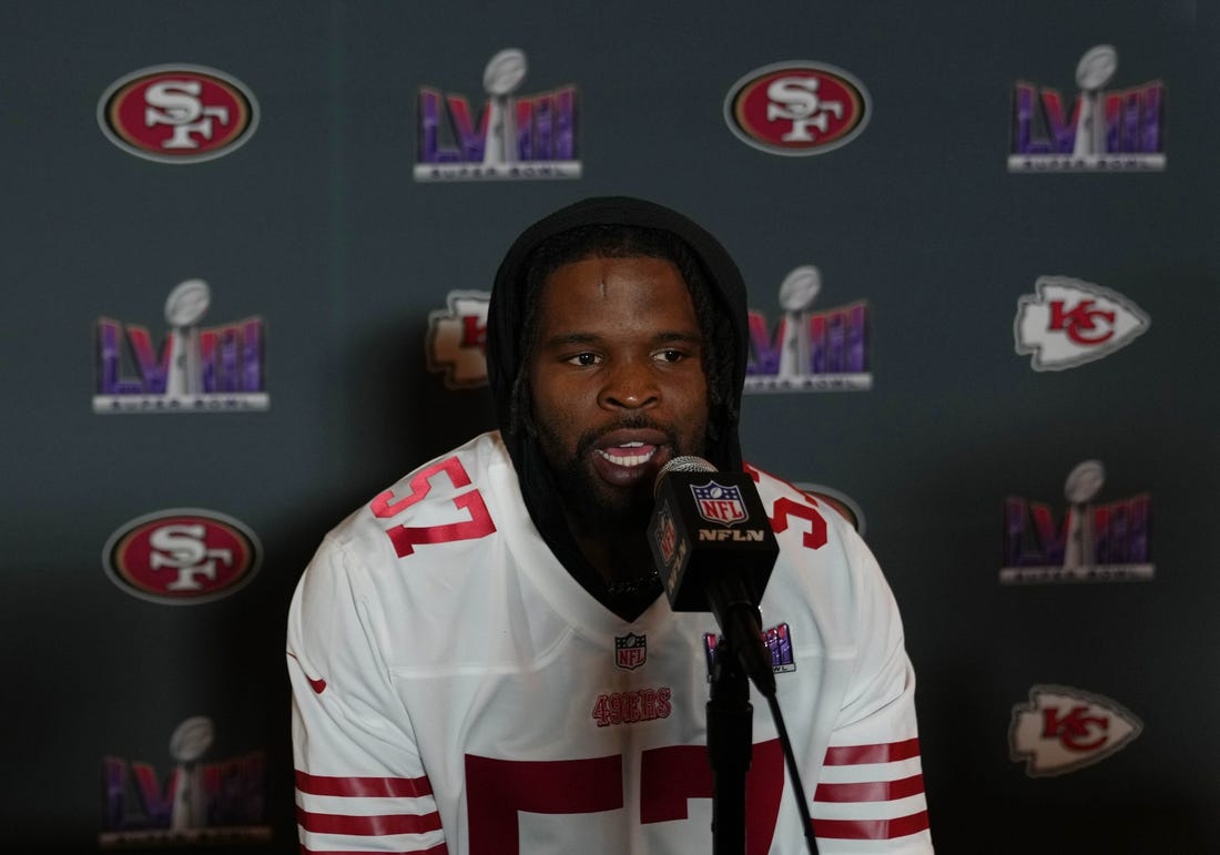 Feb 8, 2024; Las Vegas, NV, USA; San Francisco 49ers linebacker Dre Greenlaw (57) during a press conference before Super Bowl LVIII at Hilton Lake Las Vegas Resort and Spa. Mandatory Credit: Kyle Terada-USA TODAY Sports