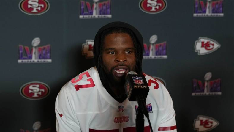 Feb 8, 2024; Las Vegas, NV, USA; San Francisco 49ers linebacker Dre Greenlaw (57) during a press conference before Super Bowl LVIII at Hilton Lake Las Vegas Resort and Spa. Mandatory Credit: Kyle Terada-USA TODAY Sports