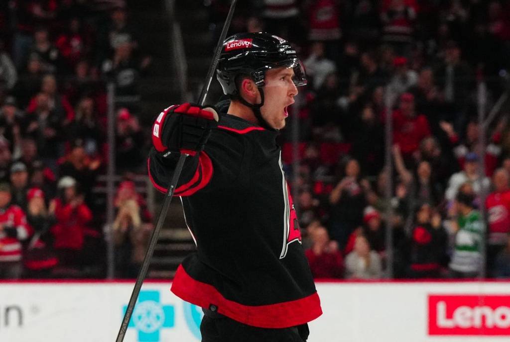 Feb 8, 2024; Raleigh, North Carolina, USA; Carolina Hurricanes center Martin Necas (88) scores a goal against the Colorado Avalanche during the first period at PNC Arena. Mandatory Credit: James Guillory-USA TODAY Sports