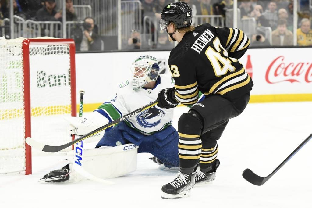 Feb 8, 2024; Boston, Massachusetts, USA; Boston Bruins left wing Danton Heinen (43) scores a shorthanded goal past Vancouver Canucks goaltender Thatcher Demko (35) during the first period at TD Garden. Mandatory Credit: Bob DeChiara-USA TODAY Sports