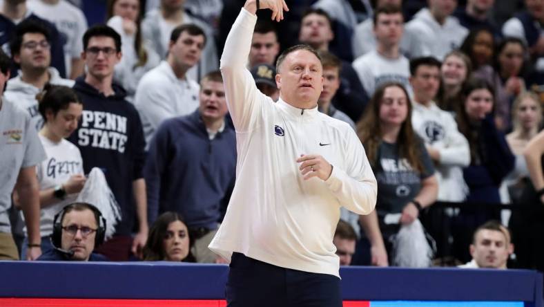 Feb 8, 2024; University Park, Pennsylvania, USA; Penn State Nittany Lions head coach Mike Rhoades gestures from the bench during the first half against the Iowa Hawkeyes at Bryce Jordan Center. Mandatory Credit: Matthew O'Haren-USA TODAY Sports