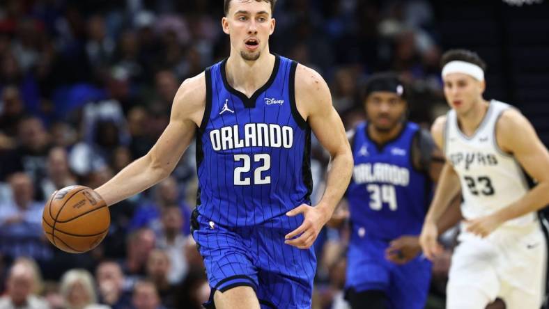 Feb 8, 2024; Orlando, Florida, USA; Orlando Magic forward Franz Wagner (22) drives to the basket against the San Antonio Spurs during the second quarter at Kia Center. Mandatory Credit: Kim Klement Neitzel-USA TODAY Sports