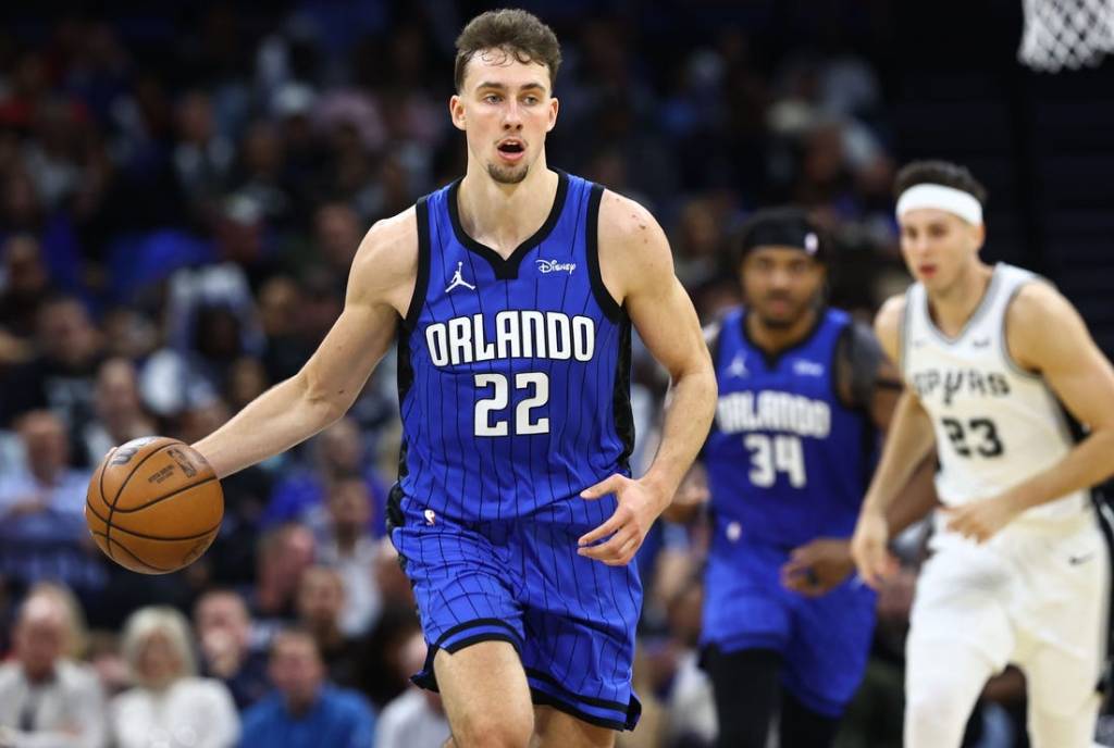 Feb 8, 2024; Orlando, Florida, USA; Orlando Magic forward Franz Wagner (22) drives to the basket against the San Antonio Spurs during the second quarter at Kia Center. Mandatory Credit: Kim Klement Neitzel-USA TODAY Sports