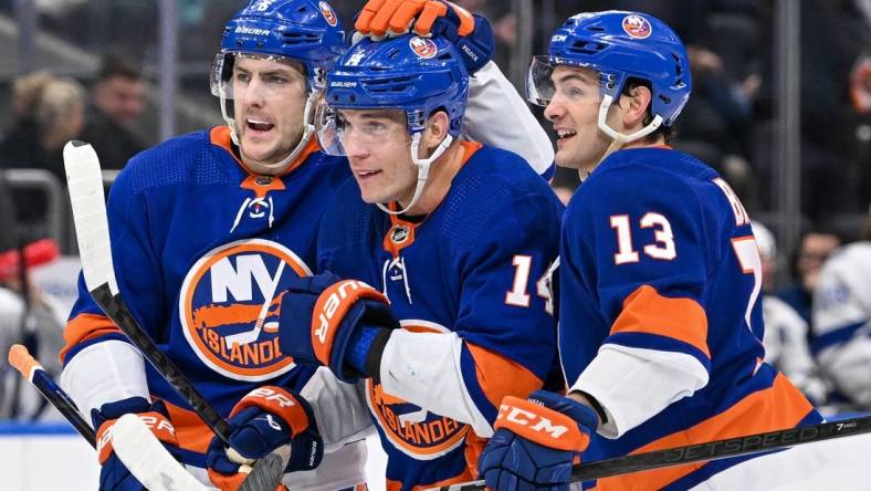 Feb 8, 2024; Elmont, New York, USA; New York Islanders defenseman Ryan Pulock (6) and New York Islanders center Mathew Barzal (13) celebrate the goal by New York Islanders center Bo Horvat (14) against the Tampa Bay Lightning during the second period at UBS Arena. Mandatory Credit: Dennis Schneidler-USA TODAY Sports