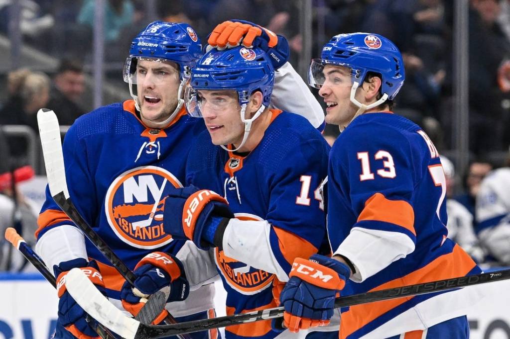 Feb 8, 2024; Elmont, New York, USA; New York Islanders defenseman Ryan Pulock (6) and New York Islanders center Mathew Barzal (13) celebrate the goal by New York Islanders center Bo Horvat (14) against the Tampa Bay Lightning during the second period at UBS Arena. Mandatory Credit: Dennis Schneidler-USA TODAY Sports