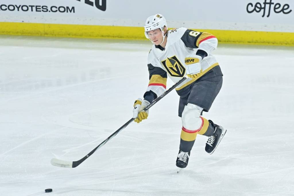 Feb 8, 2024; Tempe, Arizona, USA; Vegas Golden Knights defenseman Kaedan Korczak (6) passes the puck in the first period against the Arizona Coyotes at Mullett Arena. Mandatory Credit: Matt Kartozian-USA TODAY Sports