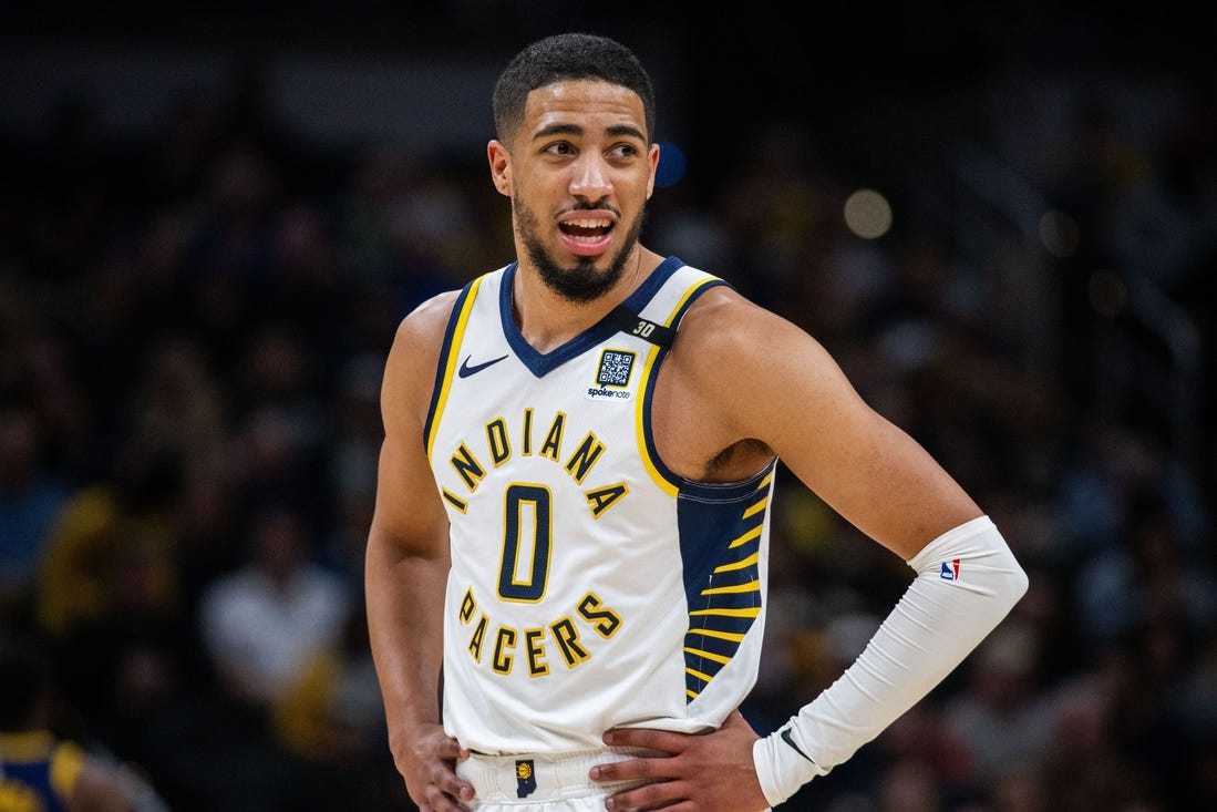 Feb 8, 2024; Indianapolis, Indiana, USA; Indiana Pacers guard Tyrese Haliburton (0) in the first half against the Golden State Warriors at Gainbridge Fieldhouse. Mandatory Credit: Trevor Ruszkowski-USA TODAY Sports