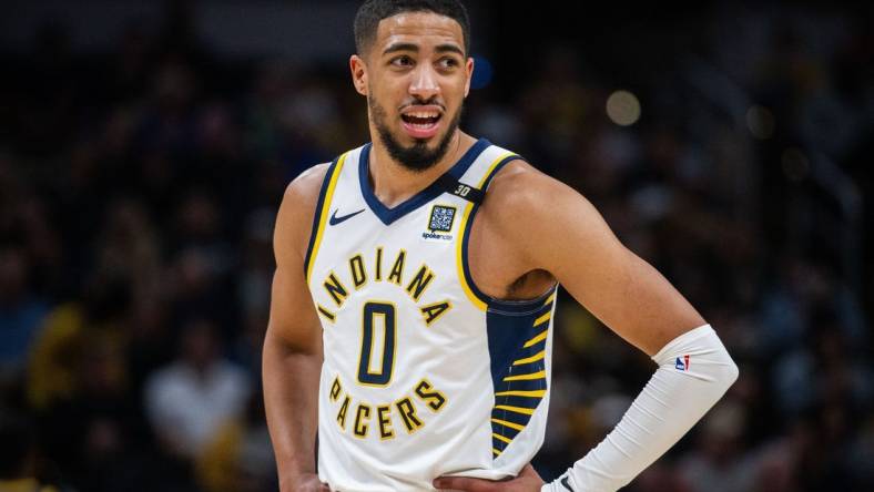 Feb 8, 2024; Indianapolis, Indiana, USA; Indiana Pacers guard Tyrese Haliburton (0) in the first half against the Golden State Warriors at Gainbridge Fieldhouse. Mandatory Credit: Trevor Ruszkowski-USA TODAY Sports