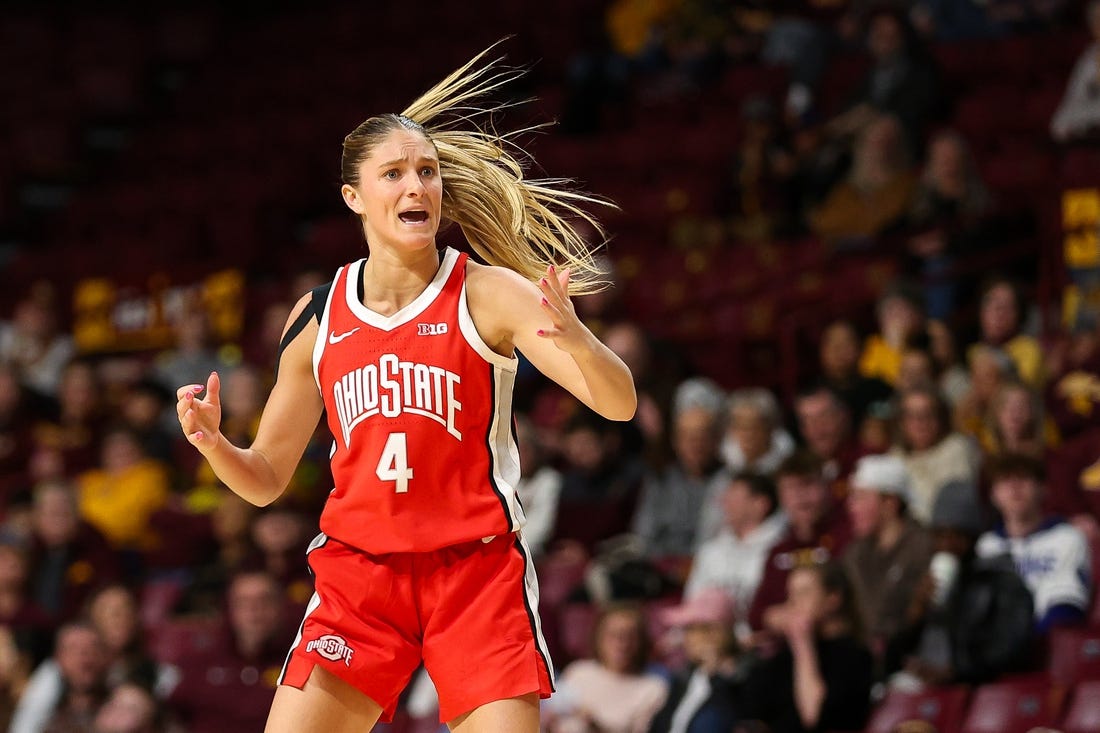 Feb 8, 2024; Minneapolis, Minnesota, USA; Ohio State Buckeyes guard Jacy Sheldon (4) reacts to her three-point shot against the Minnesota Golden Gophers during the second half at Williams Arena. Mandatory Credit: Matt Krohn-USA TODAY Sports