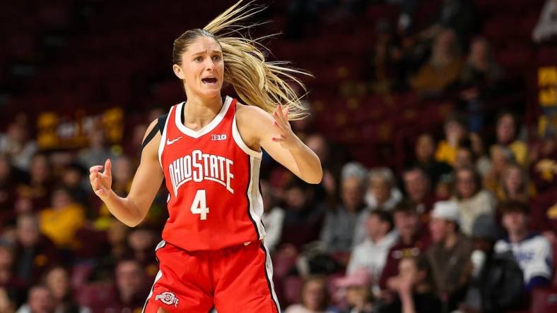 Feb 8, 2024; Minneapolis, Minnesota, USA; Ohio State Buckeyes guard Jacy Sheldon (4) reacts to her three-point shot against the Minnesota Golden Gophers during the second half at Williams Arena. Mandatory Credit: Matt Krohn-USA TODAY Sports