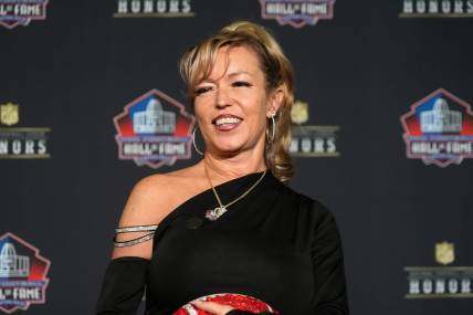 Feb 8, 2024; Las Vegas, NV, USA; Misty McMichael, the wife of Steve McMichael, during the Pro Football Hall of Fame Class of 2024 press conference at the Resorts World Theatre. Mandatory Credit: Kirby Lee-USA TODAY Sports
