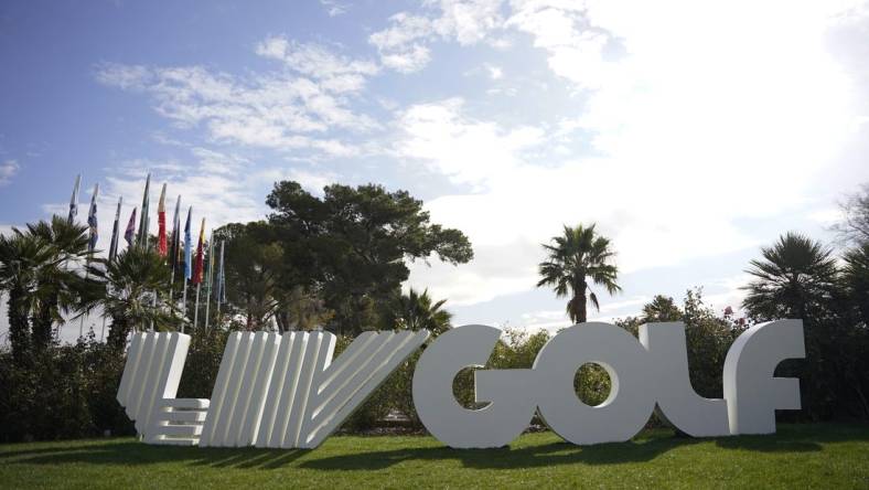 Feb 9, 2024; Las Vegas, Nevada, USA; A LIV Golf sign is observed prior to the second round of the LIV Golf Las Vegas tournament at Las Vegas Country Club. Mandatory Credit: Lucas Peltier-USA TODAY Sports