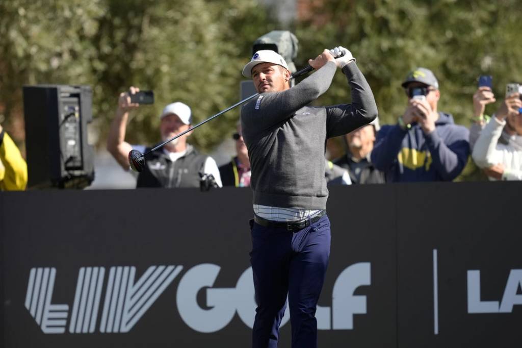 Feb 9, 2024; Las Vegas, Nevada, USA; Bryson DeChambeau plays his shot from the seventh tee during the second round of the LIV Golf Las Vegas tournament at Las Vegas Country Club. Mandatory Credit: Lucas Peltier-USA TODAY Sports