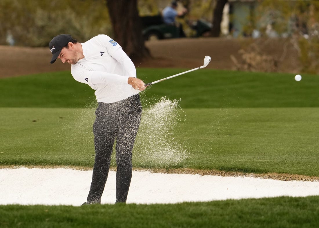 Nick Taylor plays his second from a bunker shot on the second hole during Round 2 at the WM Phoenix Open at TPC Scottsdale on Feb. 9, 2024.