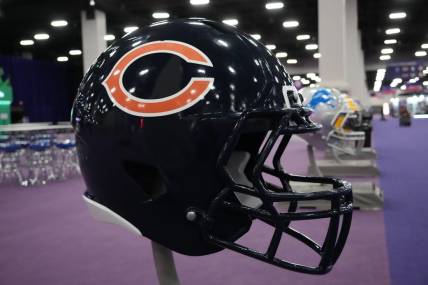 Feb 9, 2024; Las Vegas, NV, USA; A large Chicago Bears helmet at the NFL Experience at the Mandalay Bay South Convention Center. Mandatory Credit: Kirby Lee-USA TODAY Sports