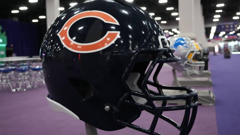 Feb 9, 2024; Las Vegas, NV, USA; A large Chicago Bears helmet at the NFL Experience at the Mandalay Bay South Convention Center. Mandatory Credit: Kirby Lee-USA TODAY Sports