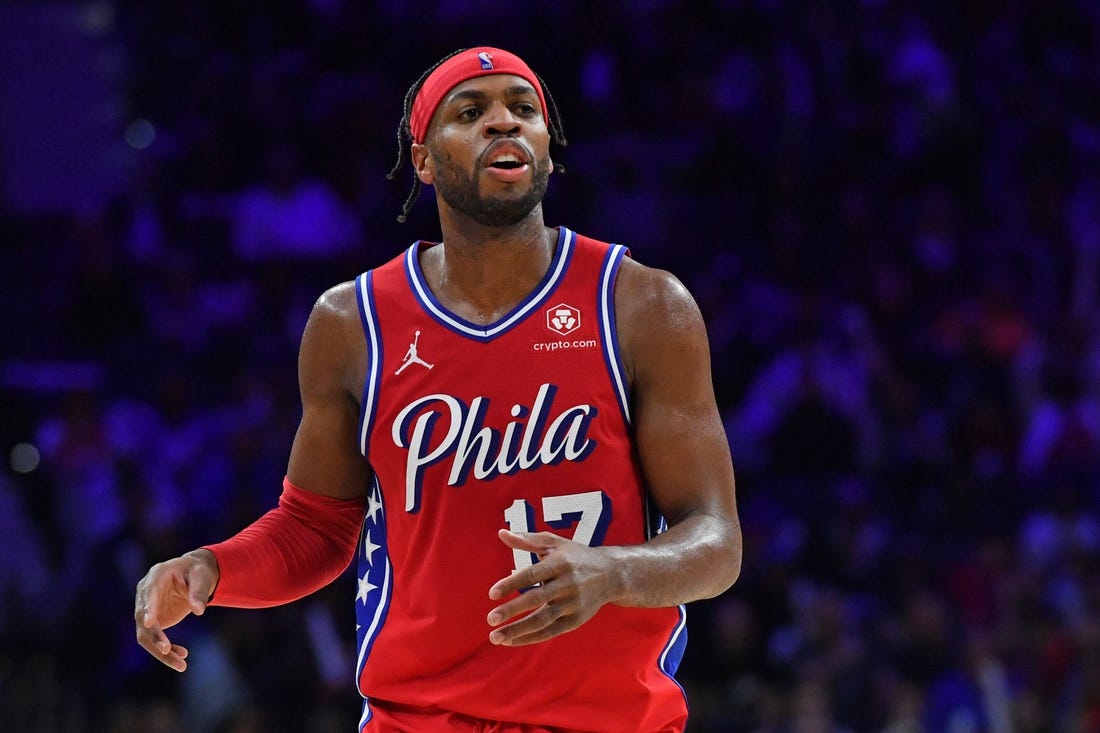 Feb 9, 2024; Philadelphia, Pennsylvania, USA;  Philadelphia 76ers guard Buddy Hield (17) against the Atlanta Hawks during the third quarter at Wells Fargo Center. Mandatory Credit: Eric Hartline-USA TODAY Sports