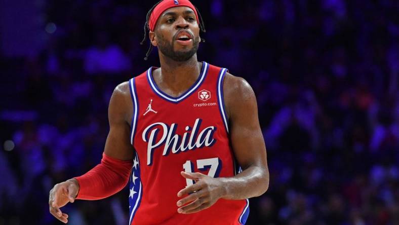 Feb 9, 2024; Philadelphia, Pennsylvania, USA;  Philadelphia 76ers guard Buddy Hield (17) against the Atlanta Hawks during the third quarter at Wells Fargo Center. Mandatory Credit: Eric Hartline-USA TODAY Sports