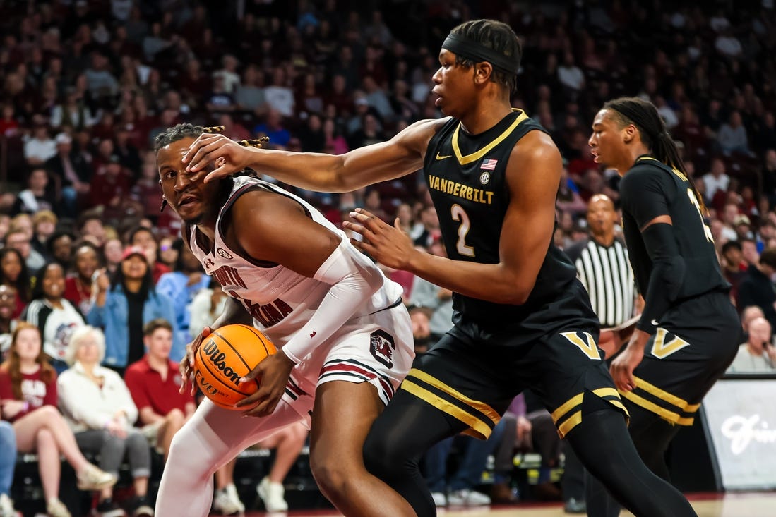 Feb 10, 2024; Columbia, South Carolina, USA; South Carolina Gamecocks forward B.J. Mack (2) looks to get around Vanderbilt Commodores forward Ven-Allen Lubin (2) in the first half at Colonial Life Arena. Mandatory Credit: Jeff Blake-USA TODAY Sports