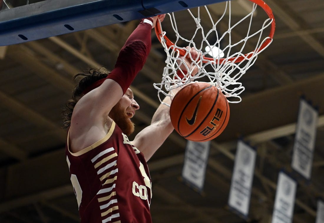 Feb 10, 2024; Durham, North Carolina, USA; Boston College Eagles guard Mason Madsen (45) dunks against the Duke Blue Devils during the first half at Cameron Indoor Stadium. Mandatory Credit: Rob Kinnan-USA TODAY Sports