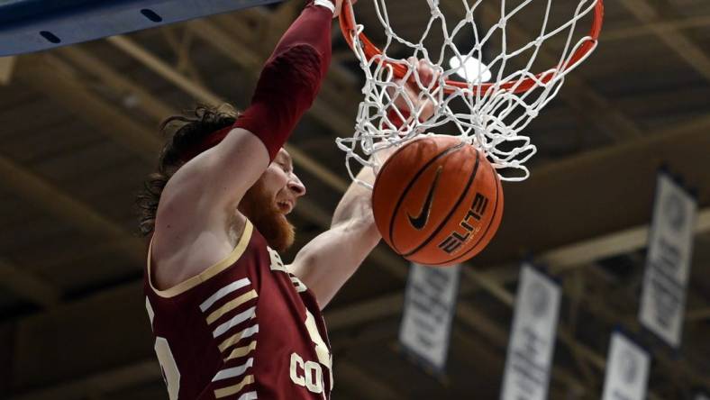 Feb 10, 2024; Durham, North Carolina, USA; Boston College Eagles guard Mason Madsen (45) dunks against the Duke Blue Devils during the first half at Cameron Indoor Stadium. Mandatory Credit: Rob Kinnan-USA TODAY Sports