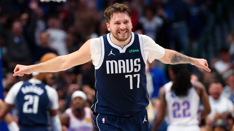 Feb 10, 2024; Dallas, Texas, USA; Dallas Mavericks guard Luka Doncic (77) reacts during the first half against the Oklahoma City Thunder at American Airlines Center. Mandatory Credit: Kevin Jairaj-USA TODAY Sports