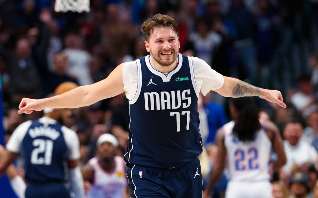 Feb 10, 2024; Dallas, Texas, USA; Dallas Mavericks guard Luka Doncic (77) reacts during the first half against the Oklahoma City Thunder at American Airlines Center. Mandatory Credit: Kevin Jairaj-USA TODAY Sports