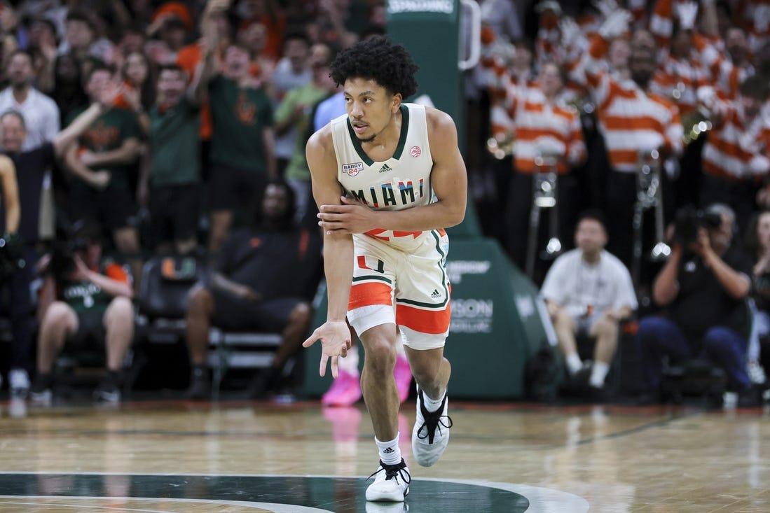 Feb 10, 2024; Coral Gables, Florida, USA; Miami Hurricanes guard Nijel Pack (24) reacts after scoring against the North Carolina Tar Heels during the first half at Watsco Center. Mandatory Credit: Sam Navarro-USA TODAY Sports