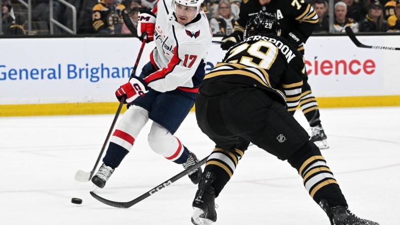 Feb 10, 2024; Boston, Massachusetts, USA; Washington Capitals center Dylan Strome (17) takes a shot in front of Boston Bruins defenseman Parker Wotherspoon (29) during the second period at the TD Garden. Mandatory Credit: Brian Fluharty-USA TODAY Sports