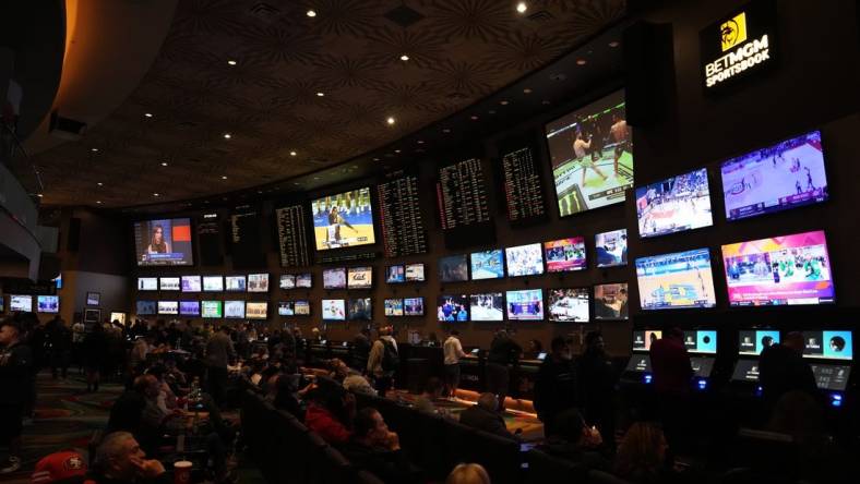 Feb 10, 2024; Las Vegas, NV, USA; The BetMGM Sportsbook at the MGM Grand Las Vegas. Mandatory Credit: Kirby Lee-USA TODAY Sports