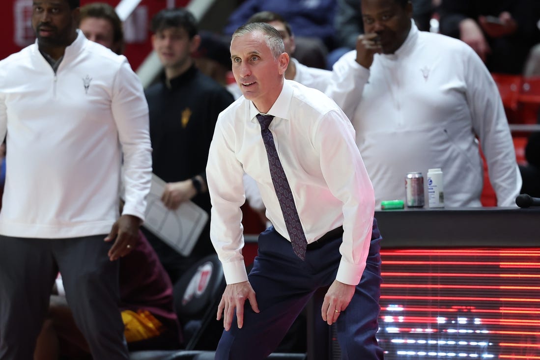 Feb 10, 2024; Salt Lake City, Utah, USA; Arizona State Sun Devils head coach Bobby Hurley looks on against the Utah Utes during the second half at Jon M. Huntsman Center. Mandatory Credit: Rob Gray-USA TODAY Sports