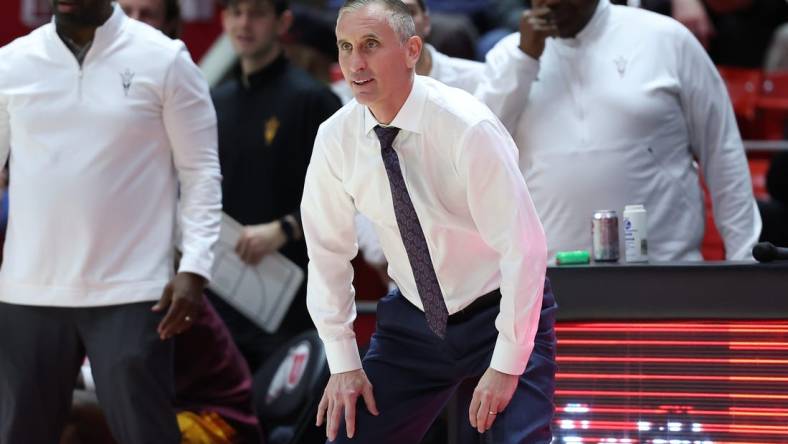 Feb 10, 2024; Salt Lake City, Utah, USA; Arizona State Sun Devils head coach Bobby Hurley looks on against the Utah Utes during the second half at Jon M. Huntsman Center. Mandatory Credit: Rob Gray-USA TODAY Sports