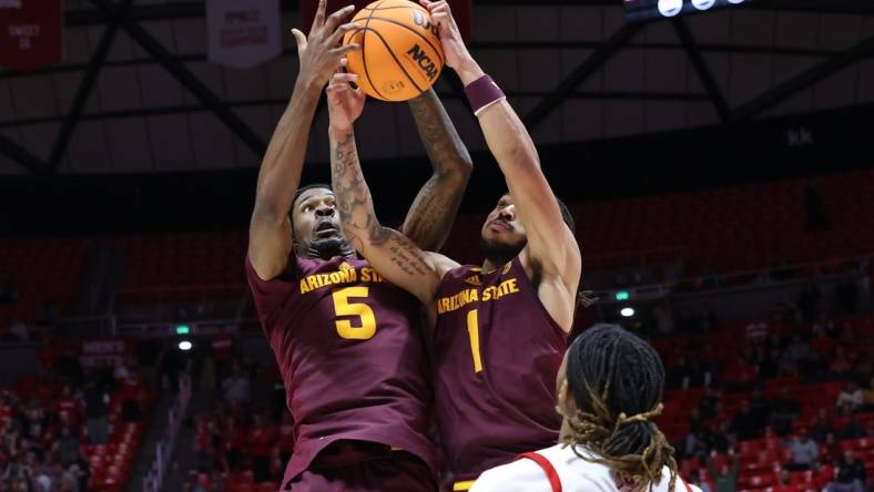 Feb 10, 2024; Salt Lake City, Utah, USA; Arizona State Sun Devils guard Jamiya Neal (5) and guard Frankie Collins (1) battle for a rebound against the Utah Utes during the second half at Jon M. Huntsman Center. Mandatory Credit: Rob Gray-USA TODAY Sports