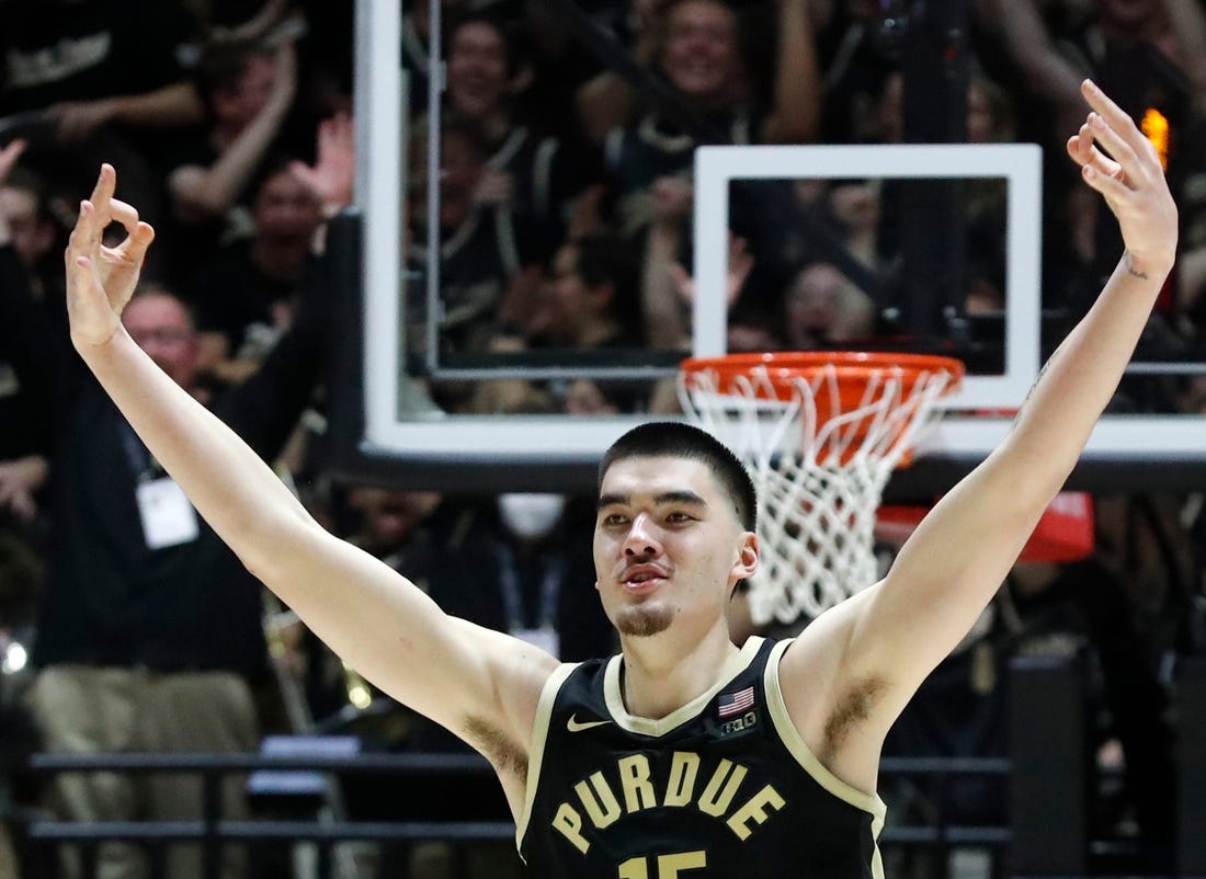 Purdue Boilermakers center Zach Edey (15) reacts after making a 3-point shot during the NCAA men's basketball game against the Indiana Hoosiers, Saturday, Feb. 10, 2024, at Mackey Arena in West Lafayette, Ind. Purdue Boilermakers won 79-59.