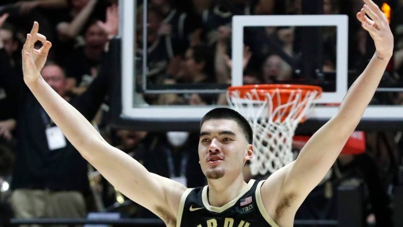 Purdue Boilermakers center Zach Edey (15) reacts after making a 3-point shot during the NCAA men's basketball game against the Indiana Hoosiers, Saturday, Feb. 10, 2024, at Mackey Arena in West Lafayette, Ind. Purdue Boilermakers won 79-59.