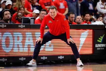 Feb 10, 2024; Boulder, Colorado, USA; Arizona Wildcats head coach Tommy Lloyd in the second half against the Colorado Buffaloes at CU Events Center. Mandatory Credit: Isaiah J. Downing-USA TODAY Sports