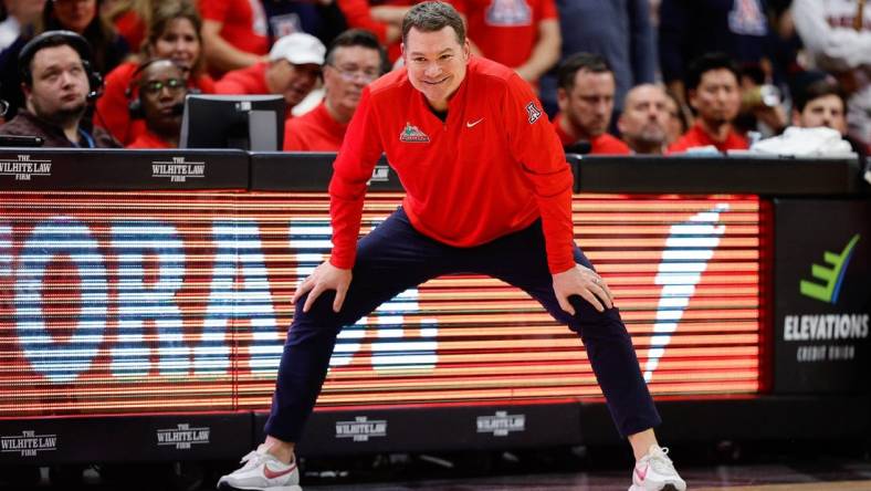 Feb 10, 2024; Boulder, Colorado, USA; Arizona Wildcats head coach Tommy Lloyd in the second half against the Colorado Buffaloes at CU Events Center. Mandatory Credit: Isaiah J. Downing-USA TODAY Sports