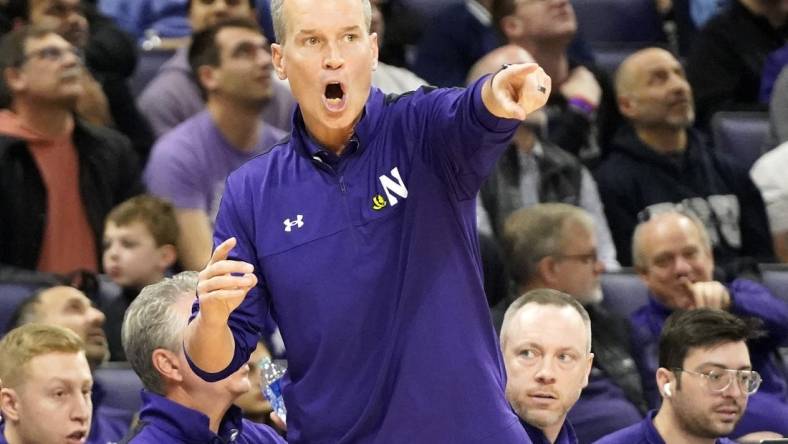 Feb 11, 2024; Evanston, Illinois, USA; Northwestern Wildcats head coach Chris Collins gestures to his team during the first half at Welsh-Ryan Arena. Mandatory Credit: David Banks-USA TODAY Sports